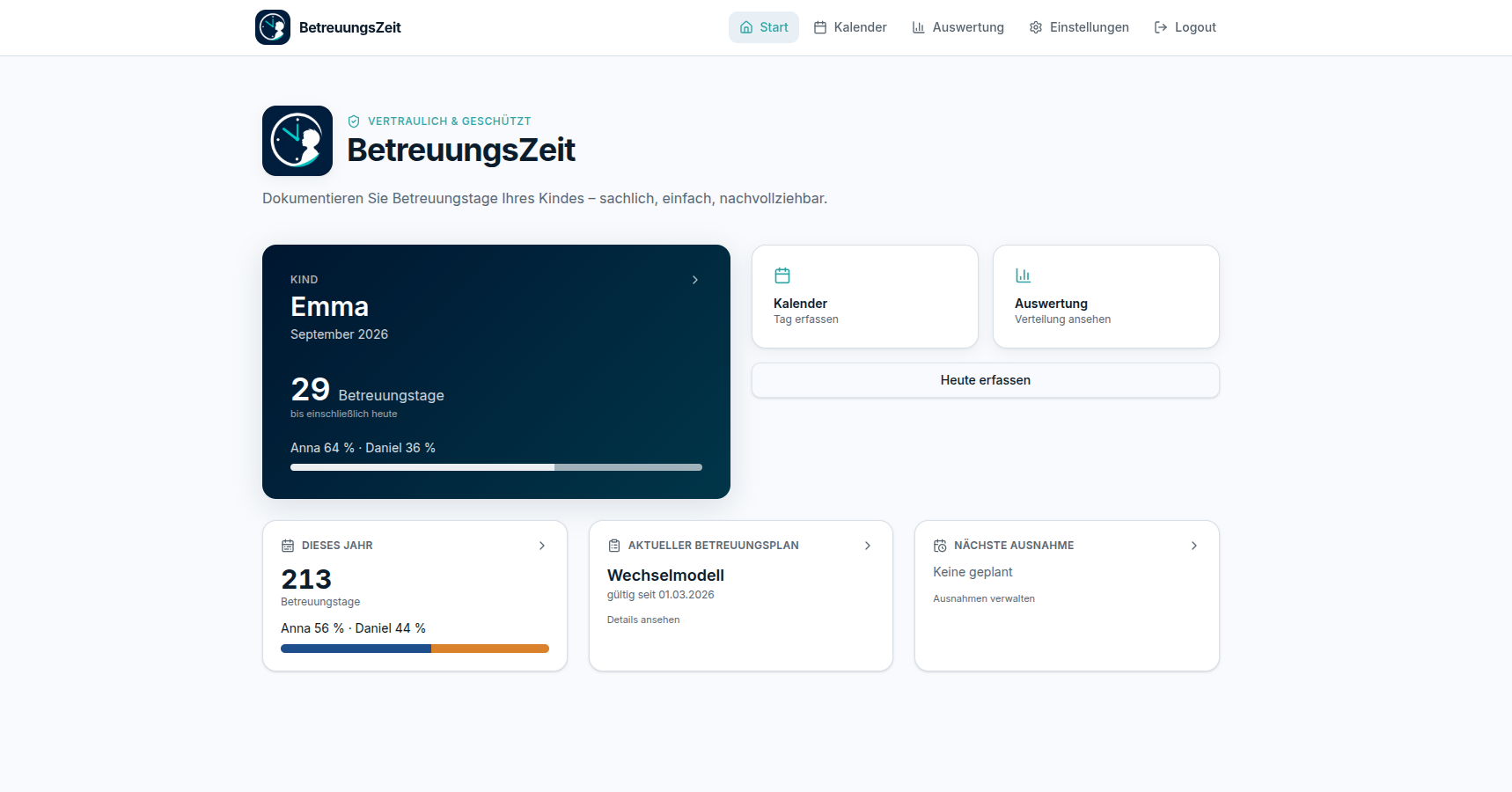 BetreuungsZeit Startseite mit Übersicht für Emma