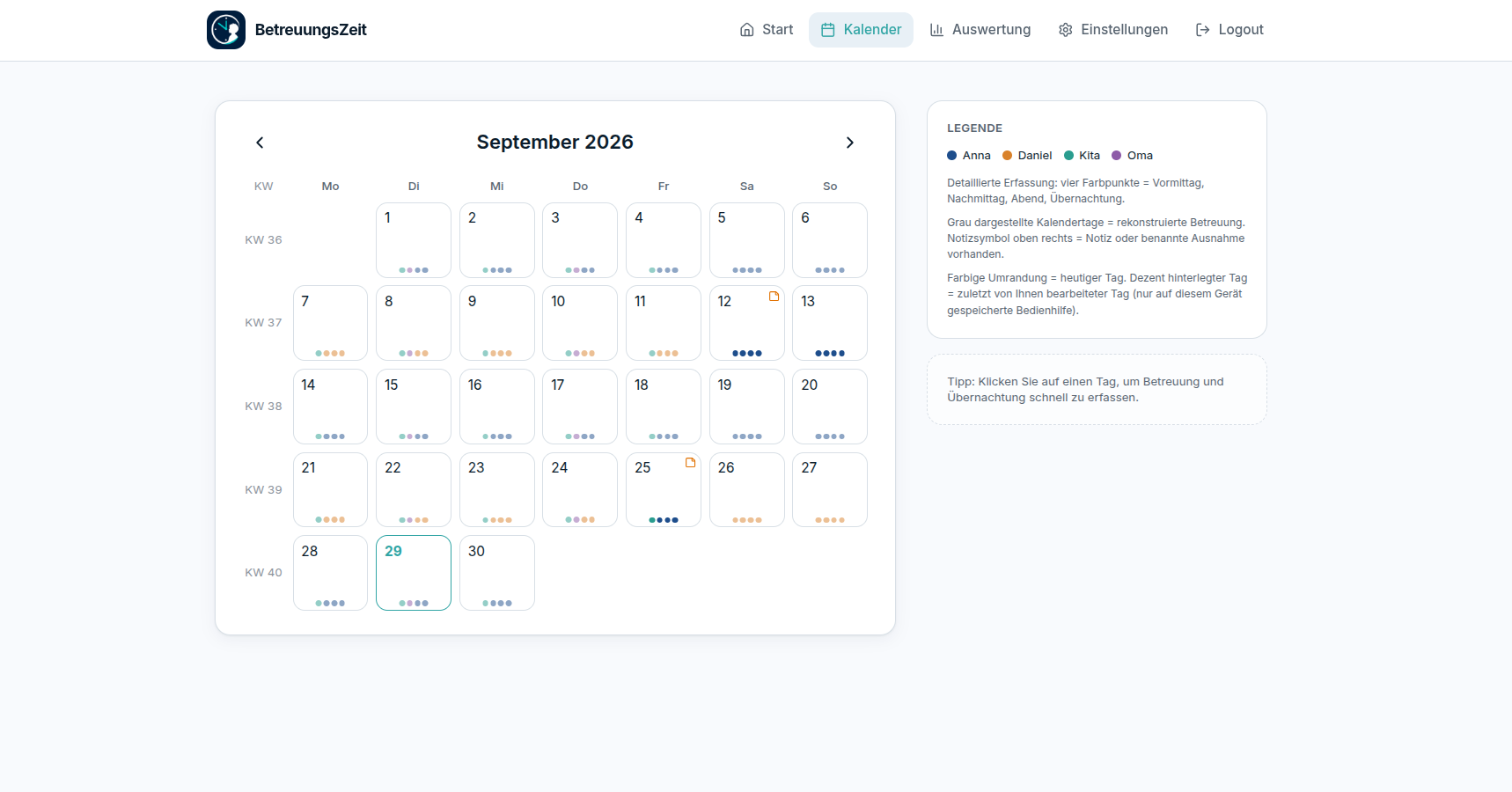 BetreuungsZeit Kalender September 2026 mit Kalenderwochen und Legende